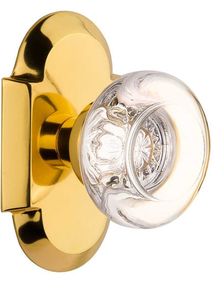 Arched Rosette Door Set with Round Clear-Crystal Glass Knobs in Polished Brass.